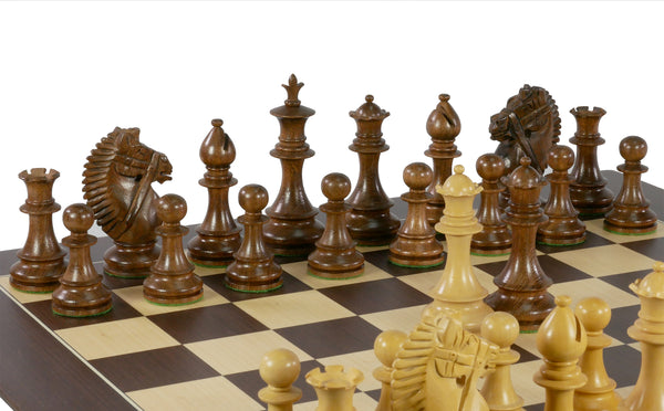 Chess Set - 4" Acacia/Boxwood (DQ) on Walnut Sycamore Chess Board
