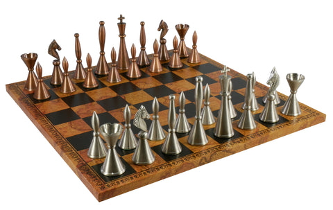 Chess Set- Brass Art Deco Pieces on Faux Leather Old Map Design Board