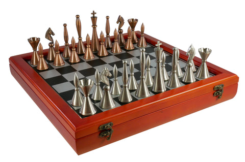 Chess Set - Solid Brass Art Deco Chessmen on Cherry Stained Chest
