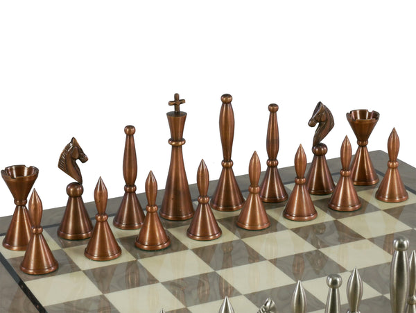 Chess Set - Solid Brass Art Deco Chessmen on Grey Briar Chess Board