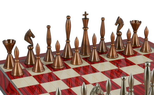 Chess Set - Solid Brass Art Deco Chessmen on Red Decoupage Chess Board