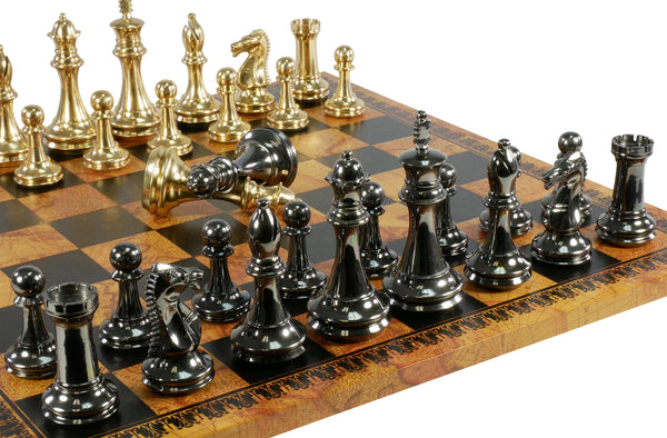 Chess Set- Solid Brass Art Deco DQ Men on Faux Leather Old Map Design Board