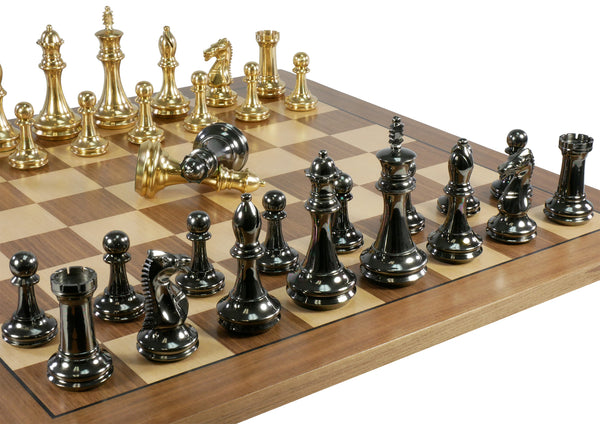 Chess Set- Solid Brass Art Deco Men on Walnut & Maple Veneer Board