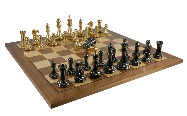 Chess Set- Solid Brass Art Deco Men on Walnut & Maple Veneer Board