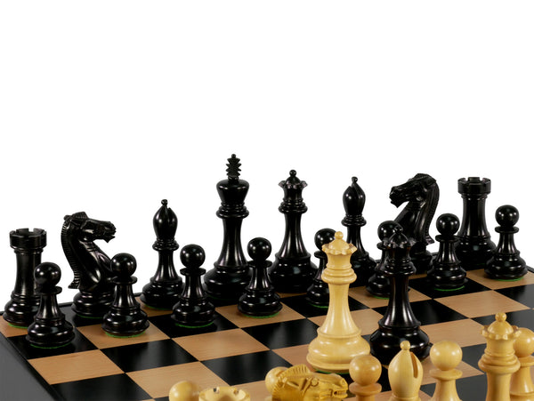 Chess Set - 4" Deluxe Black/Boxwood (DQ) on Black/Walnut Chest