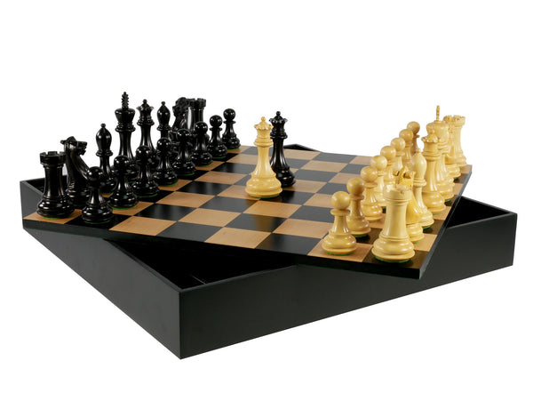 Chess Set - 4" Deluxe Black/Boxwood (DQ) on Black/Walnut Chest