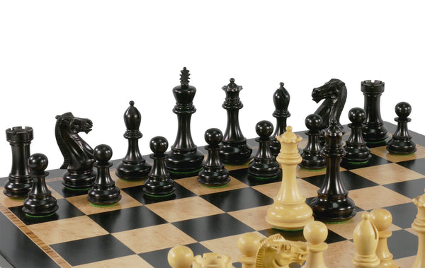 Chess Set - 4" Deluxe Black/Boxwood (DQ) on Ebony/Birdseye Maple Chess Board