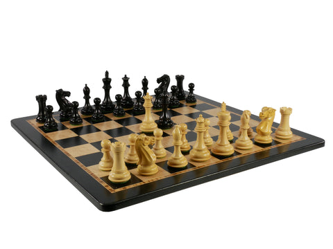 Chess Set - 4" Deluxe Black/Boxwood (DQ) on Ebony/Birdseye Maple Chess Board