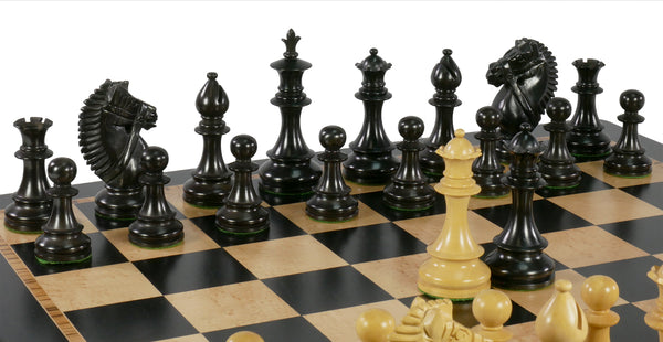 Chess Set - 4" Black/Boxwood (DQ) on Ebony/Birdseye Maple Chess Board