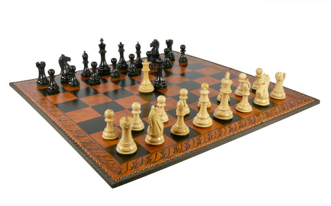 Chess Set - 4" Supreme Black/Boxwood chess pieces (DQ) on Faux Leather Board