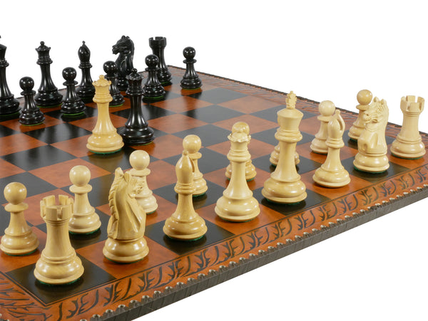 Chess Set - 4" Supreme Black/Boxwood chess pieces (DQ) on Faux Leather Board