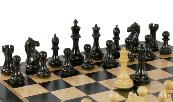 Chess Set - 4" Supreme Black/Boxwood chess pieces (DQ) on 17.25" Ebony/Birdseye Maple Bd
