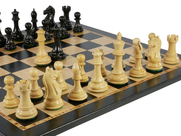 Chess Set - 4" Supreme Black/Boxwood chess pieces (DQ) on 17.25" Ebony/Birdseye Maple Bd