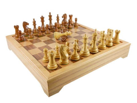 Chess Set - Majestic Acacia/Boxwood Chess Pieces on Inlaid Beechwood Chest