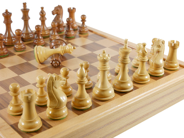 Chess Set - Majestic Acacia/Boxwood Chess Pieces on Inlaid Beechwood Chest