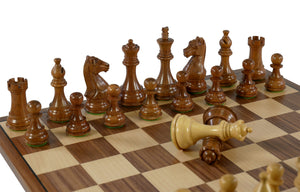 Chess Set - Majestic Acacia/Boxwood Chess Pieces on Walnut & Maple Veneer Chess Board