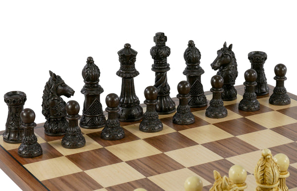 Chess Set - Ornate Staunton Resin Chess Pieces on Walnut/Maple Chess Board