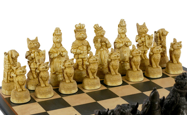 Chess Set  - Cats & Dogs Chess Pieces on Black/Birdseye Maple Chess Board