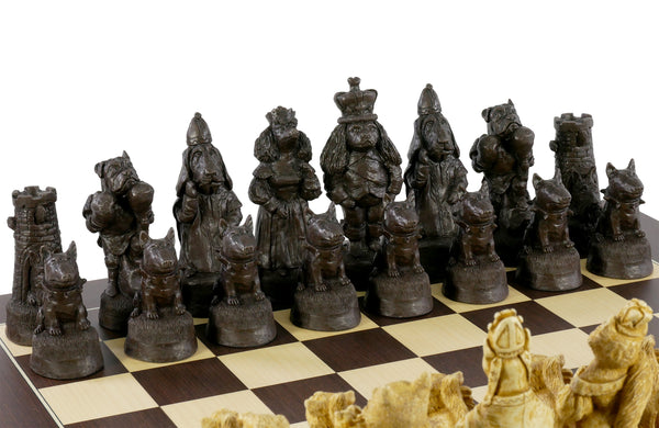 Chess Set  - Cats & Dogs Chess Pieces on Walnut/Sycamore Barcelona Chess Board
