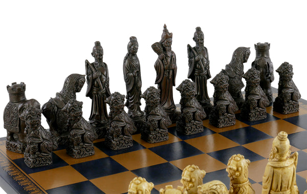 Chess Set - 5" Mandarin Resin Chess Pieces on Gold & Blue Faux Leather Chess board