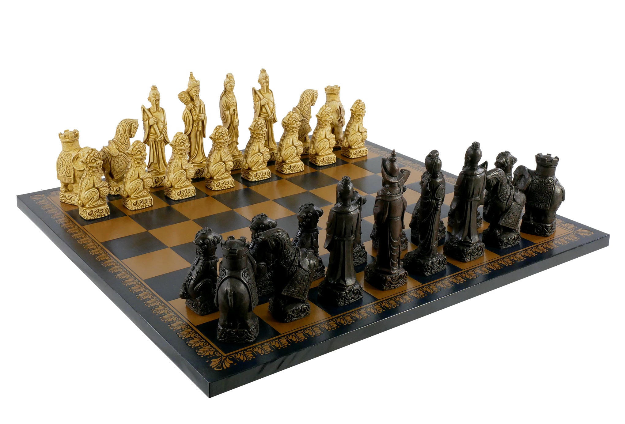Chess Set - 5" Mandarin Resin Chess Pieces on Gold & Blue Faux Leather Chess board