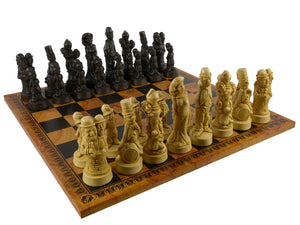 Chess Set - Movie Stars Resin chess Pieces on Old Map Faux Leather Board