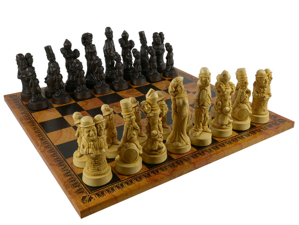 Chess Set - Movie Stars Resin chess Pieces on Old Map Faux Leather Board