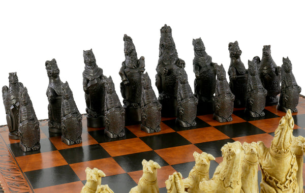 Chess Set - 5.8" Royal Beasts Resin Chess Pieces on Faux Leather 2 sided Chess/Backgammon Board