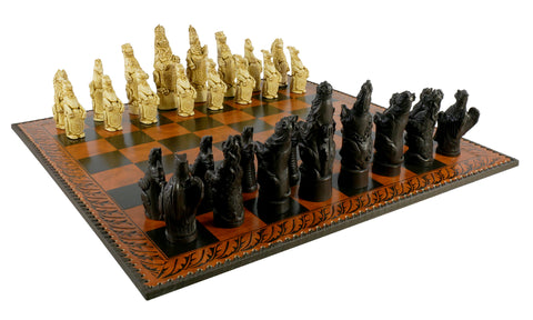 Chess Set - 5.8" Royal Beasts Resin Chess Pieces on Faux Leather 2 sided Chess/Backgammon Board