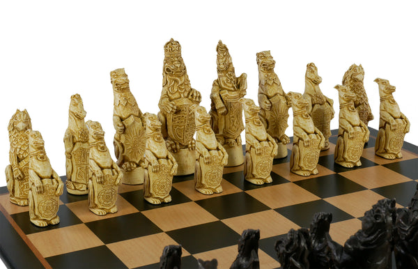 Chess Set - 5.8" Royal Beasts Resin Chess Pieces on Black/Birdseye Maple Chess Board