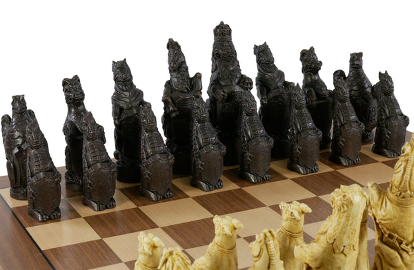 Chess Set - 5.8" Royal Beasts Resin Chess Pieces on Walnut/Maple Chess Board