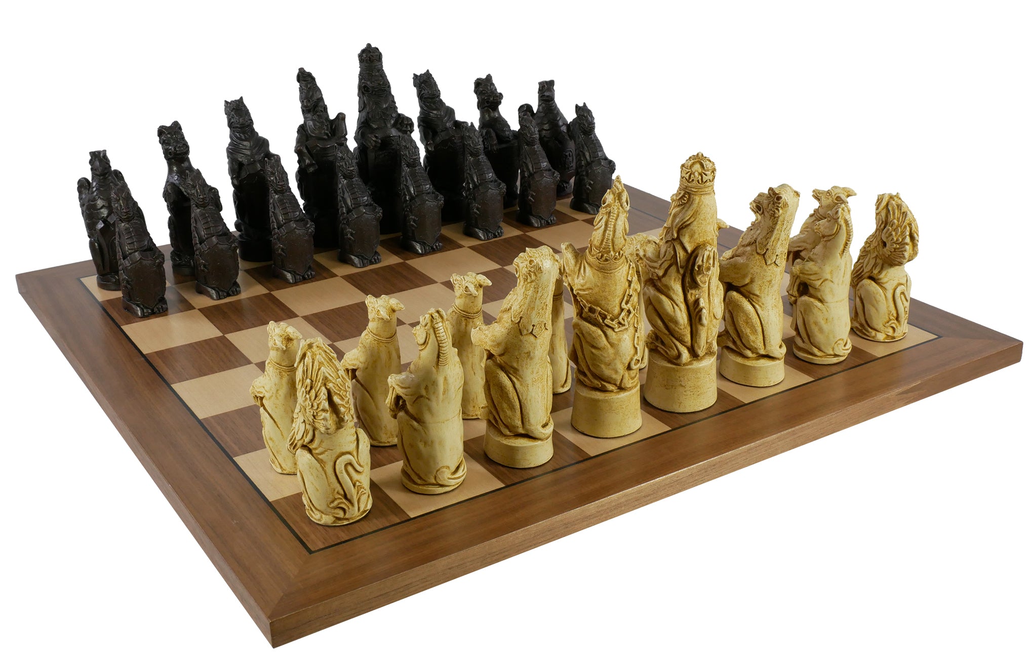 Chess Set - 5.8" Royal Beasts Resin Chess Pieces on Walnut/Maple Chess Board