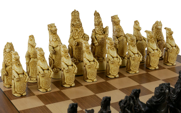 Chess Set - 5.8" Royal Beasts Resin Chess Pieces on Walnut/Maple Chess Board