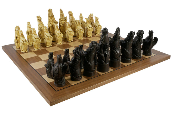 Chess Set - 5.8" Royal Beasts Resin Chess Pieces on Walnut/Maple Chess Board