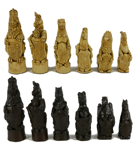 Chess Set - 5.8" Royal Beasts Resin Chess Pieces on Walnut/Maple Chess Board