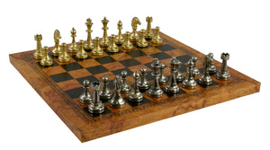 Chess Set - Small Staunton Metal Men on Antique Map Board