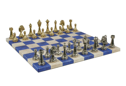 Chess Set - Staunton Metal Chess Pieces on Blue&Cream Faux Leatherette Board