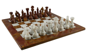 Chess Set - Red & White Onyx Chess Set In Leather Box