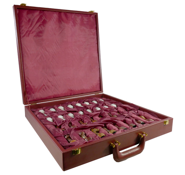 Chess Set - Red & White Onyx Chess Set In Leather Box