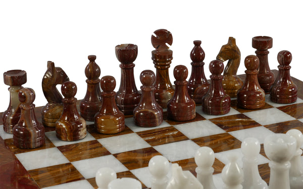 Chess Set - Red & White Onyx Chess Set In Leather Box