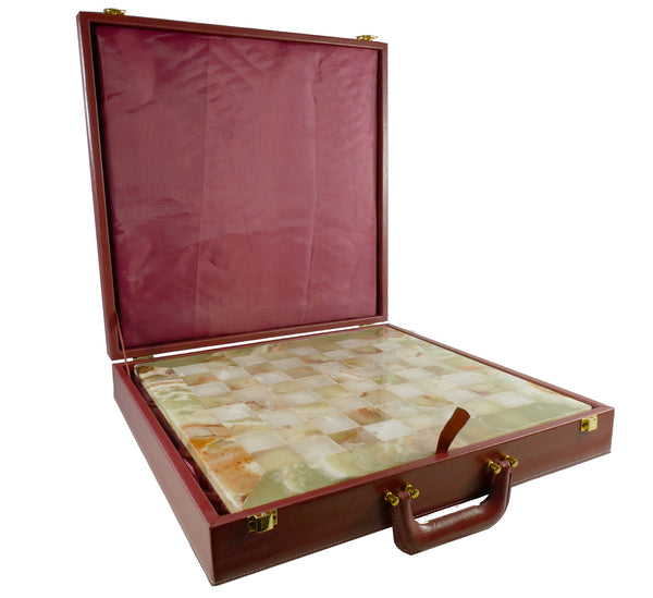 Chess Set - Green & White Onyx Chess Set in Leather Box