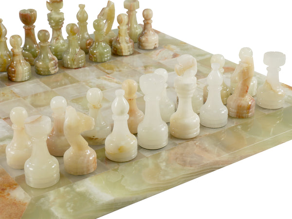 Chess Set - Green & White Onyx Chess Set in Leather Box