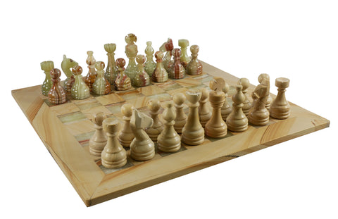 Chess Set - Burma Teak & Green Onyx Chess Set In Leather Box