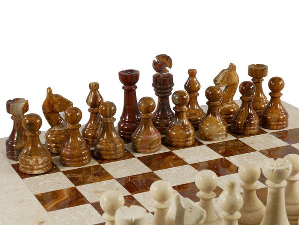 Chess Set - Botticino & Red Onyx Chess Set In Leather Box