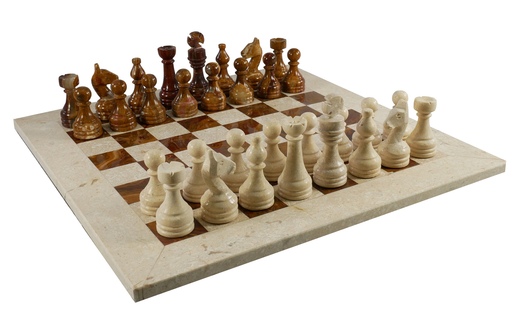 Chess Set - Botticino & Red Onyx Chess Set In Leather Box