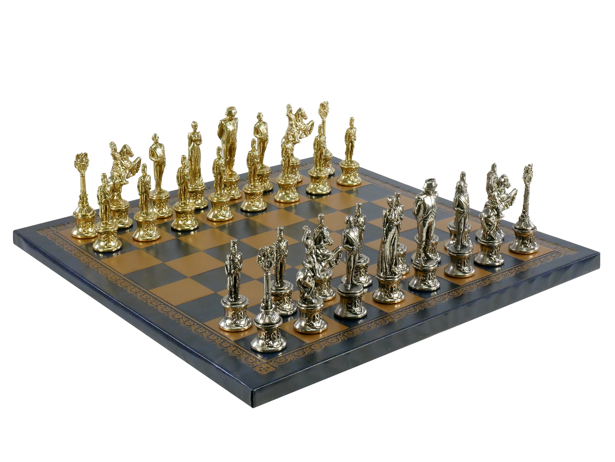 Chess Set- Napoleon Character Metal Men on Gold/Blue Leather Chess Board