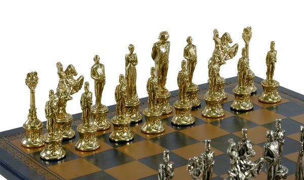 Chess Set- Napoleon Character Metal Men on Gold/Blue Leather Chess Board