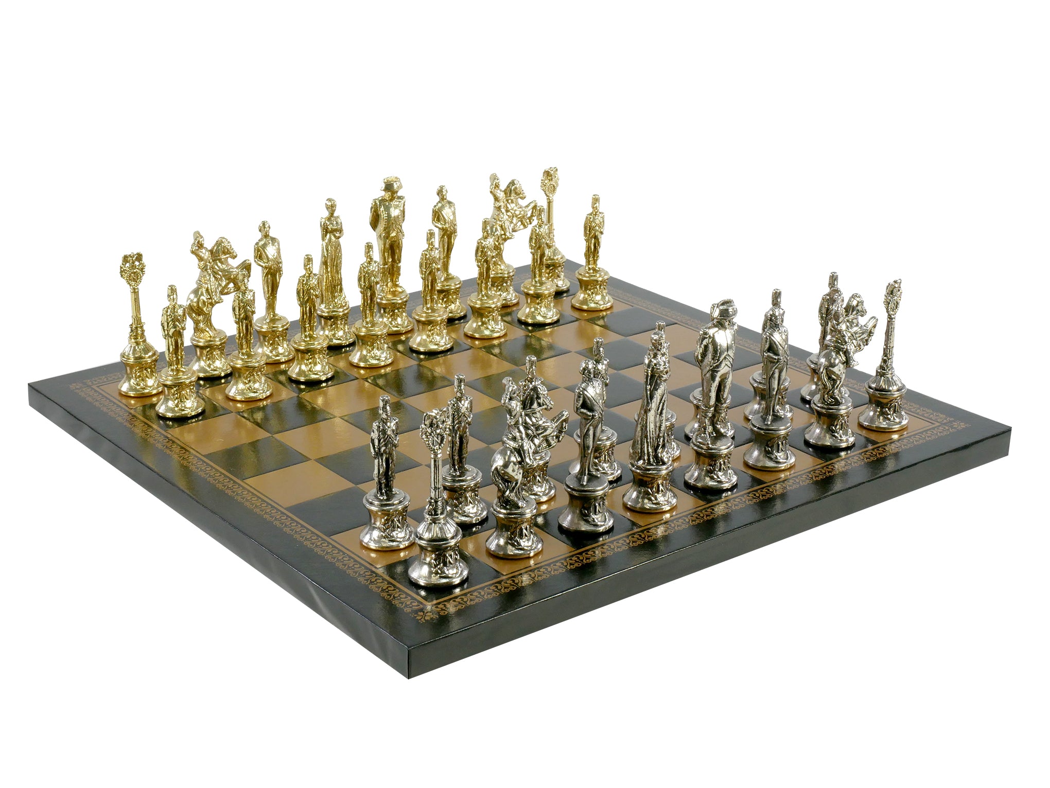 Chess Set- Napoleon Character Metal Men on Gold/Black Leather Chess Board