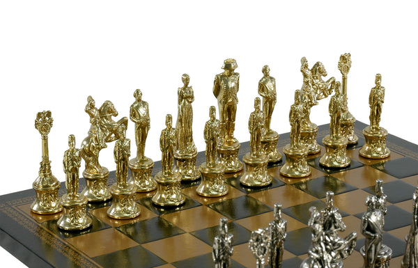 Chess Set- Napoleon Character Metal Men on Gold/Black Leather Chess Board