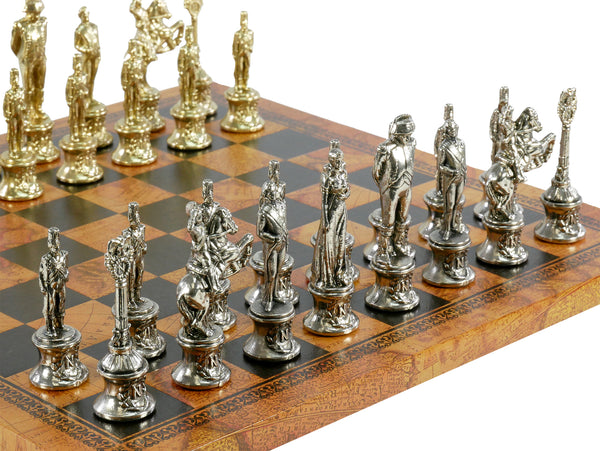 Chess Set- Napoleon Character Metal Men on Old World Leather Chess Board